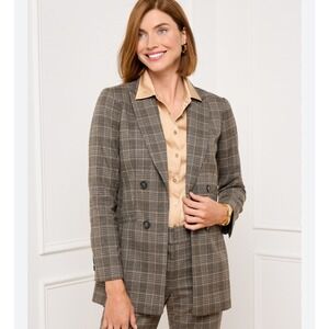 Talbots Womens Plaid Double Breasted Blazer Jacket Size 14 Wool Blend Brown Tan